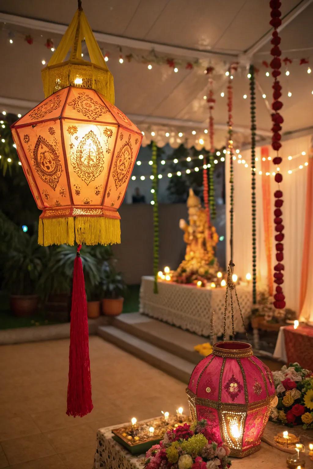 Lamps and glimmer lights emitting a warm and appealing glow for Ganesh Chaturthi activities.