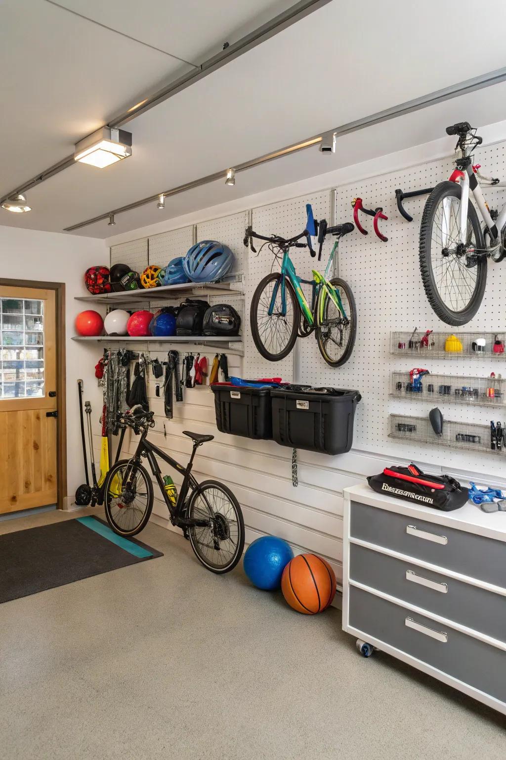 Wall-mounted racks make good use of vertical space in the garage.