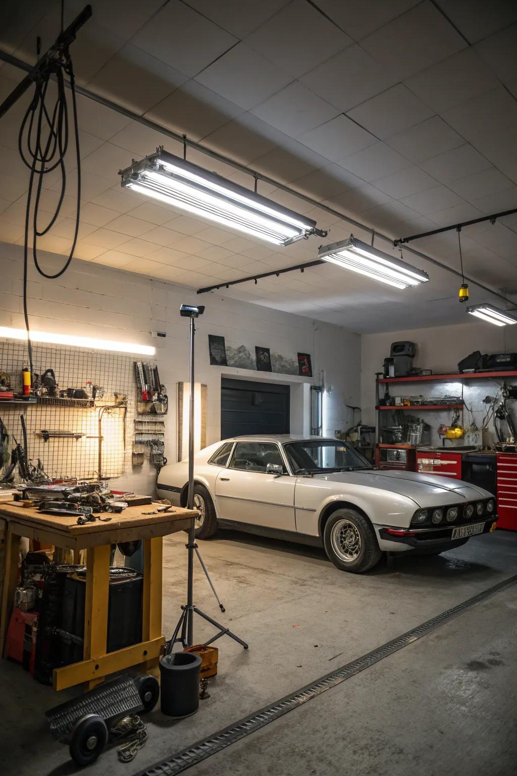Optimal lighting transforms a dim garage into a bright, welcoming area.