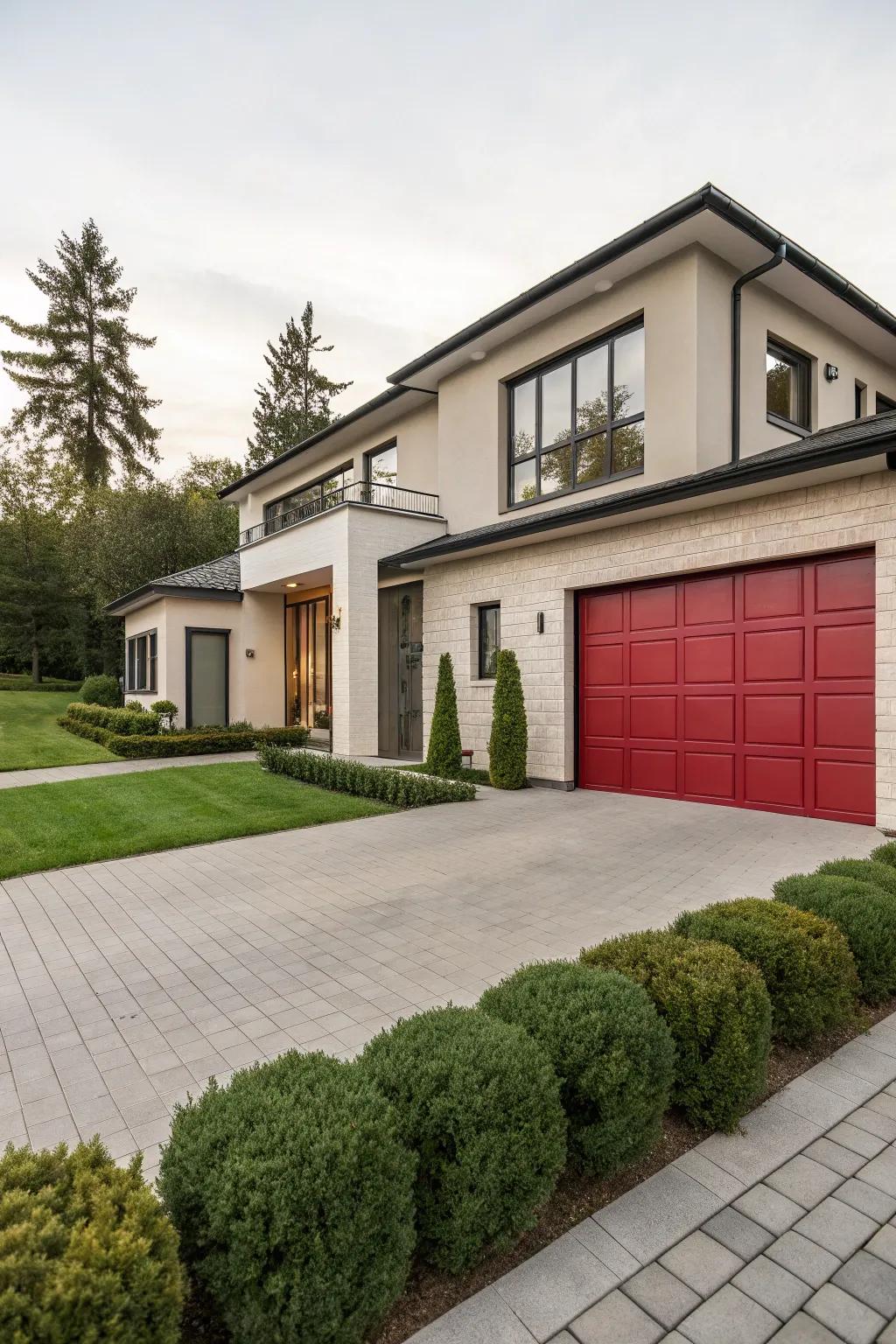 Audacious scarlet garage doors create a vibrant centerpiece for any residence.