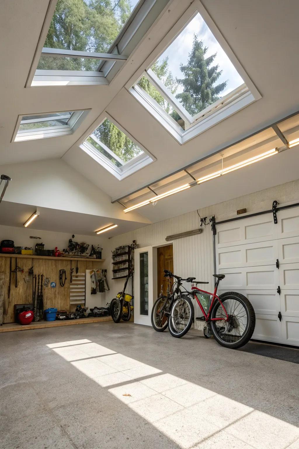 A naturally lit garage showcasing strategically placed skylights.