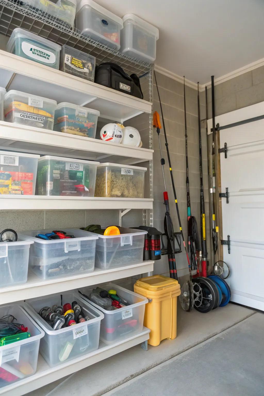 See-through storage crates make it easy to recognize and access fishing gear in a busy garage.