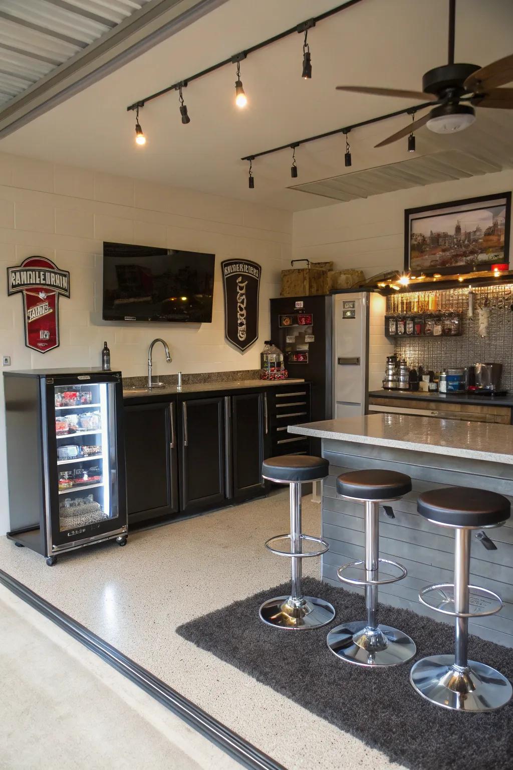 An elegant and fashionable bar arrangement for your garage man cave.