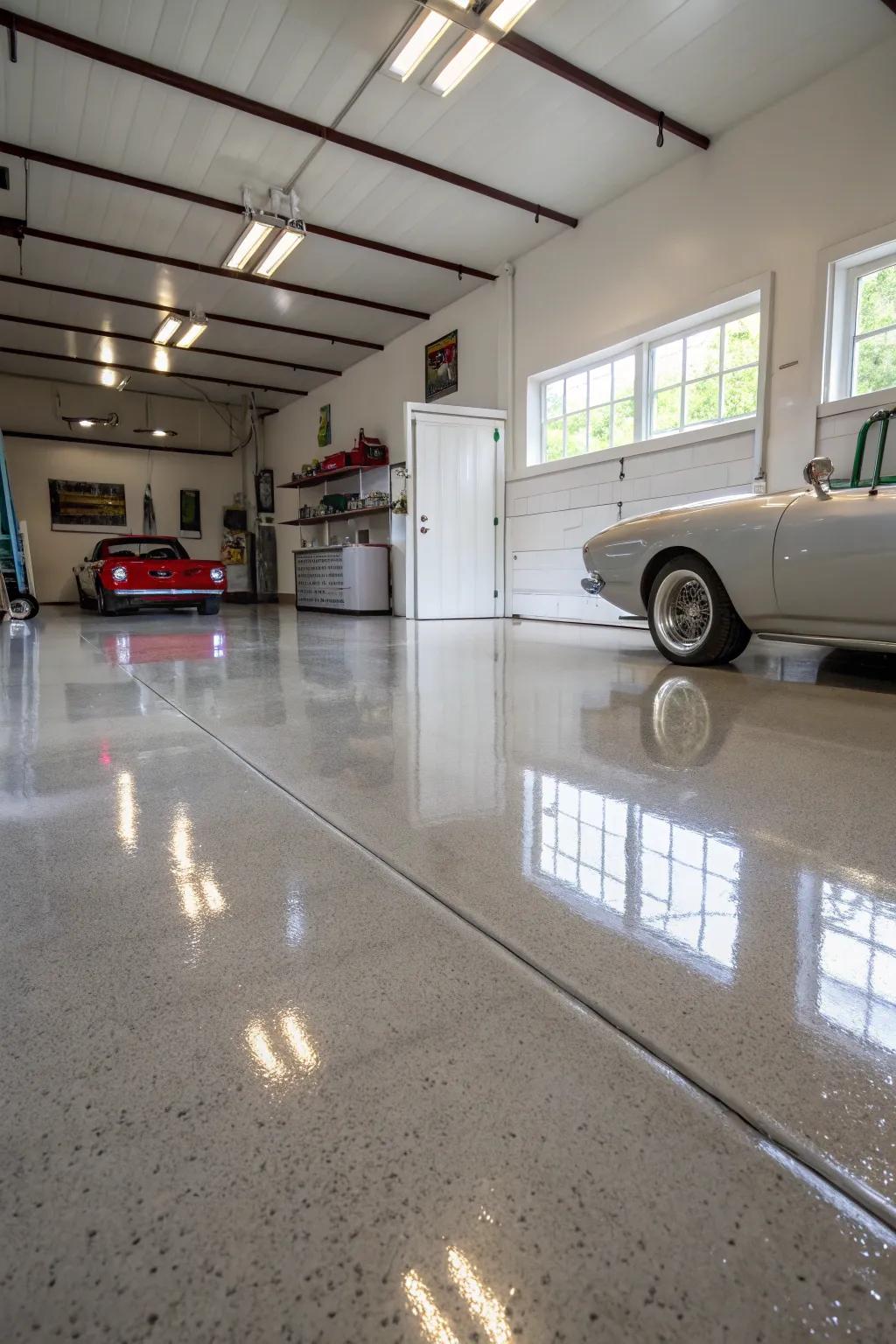 Epoxy ground covering introduces a touch of luxury and practicality to your garage.