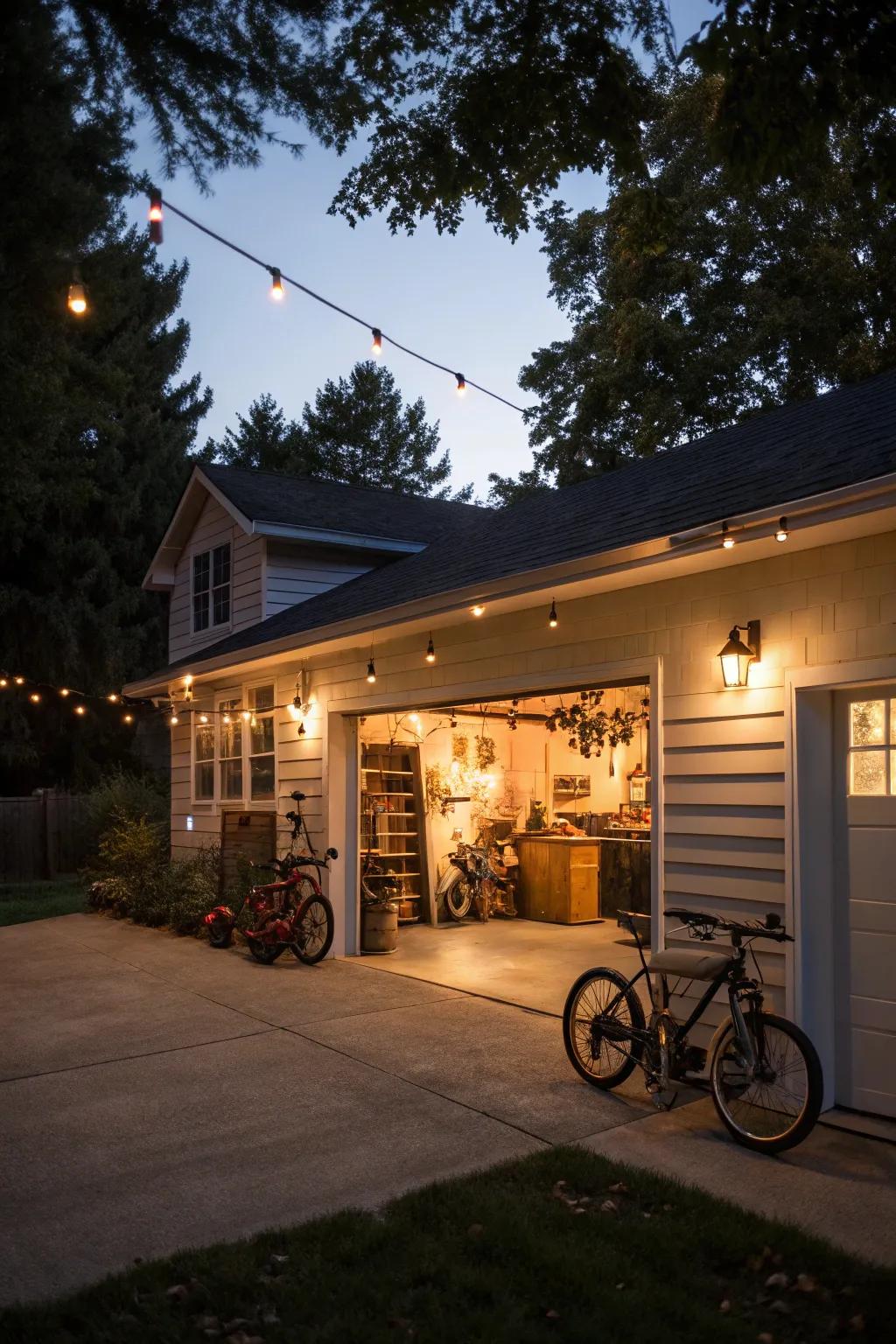 Garage lighting accents enhancing evening curb appeal.