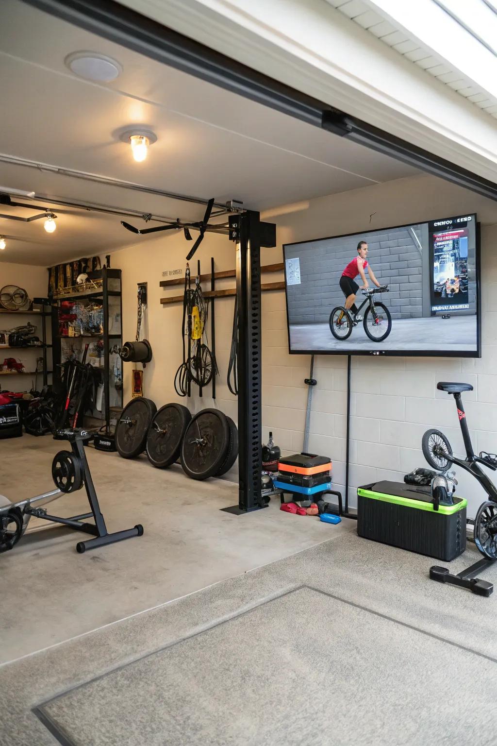 Stay motivated in your fitness zone with a TV showing workout videos.