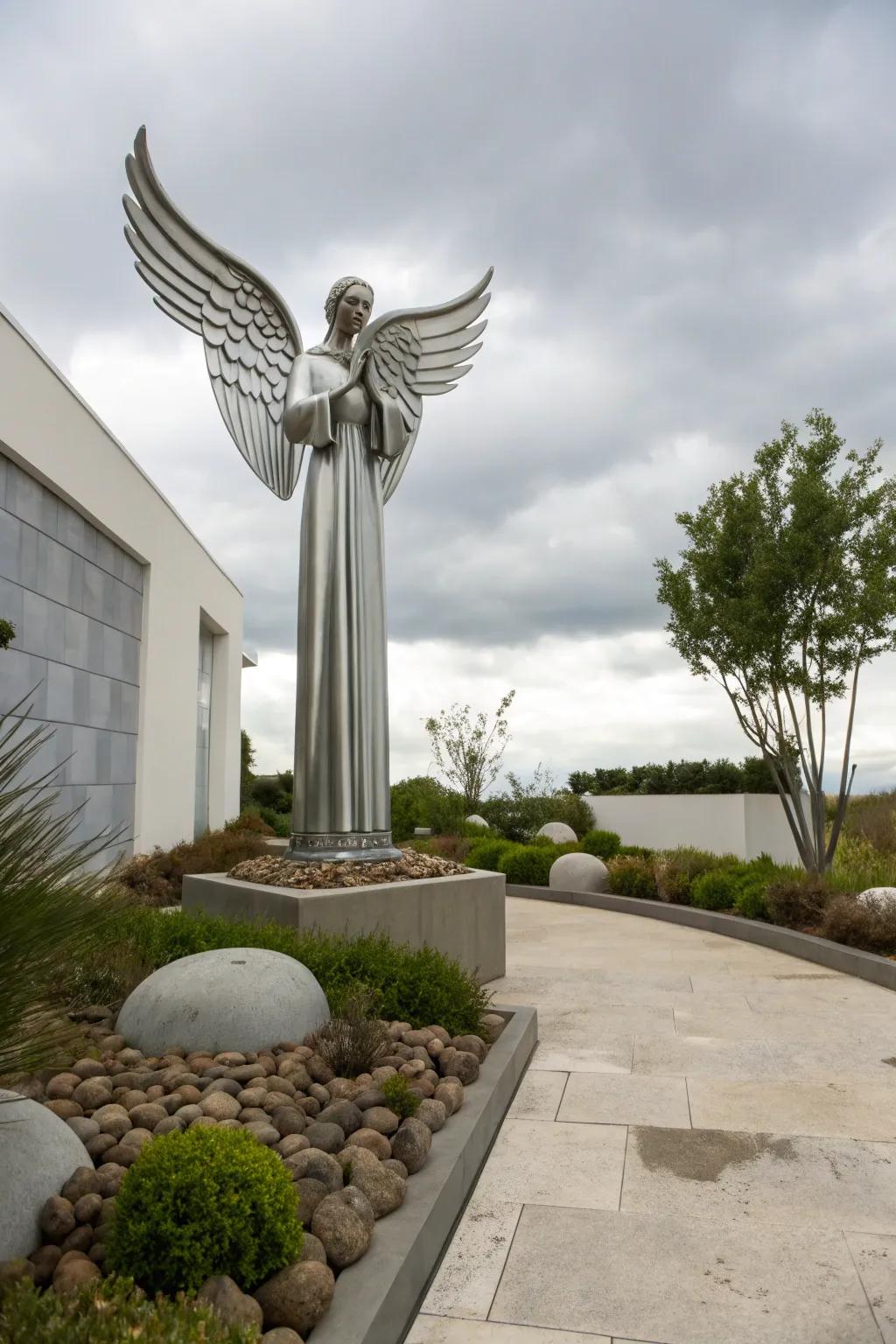 A streamlined metal angel adds a modern flair.