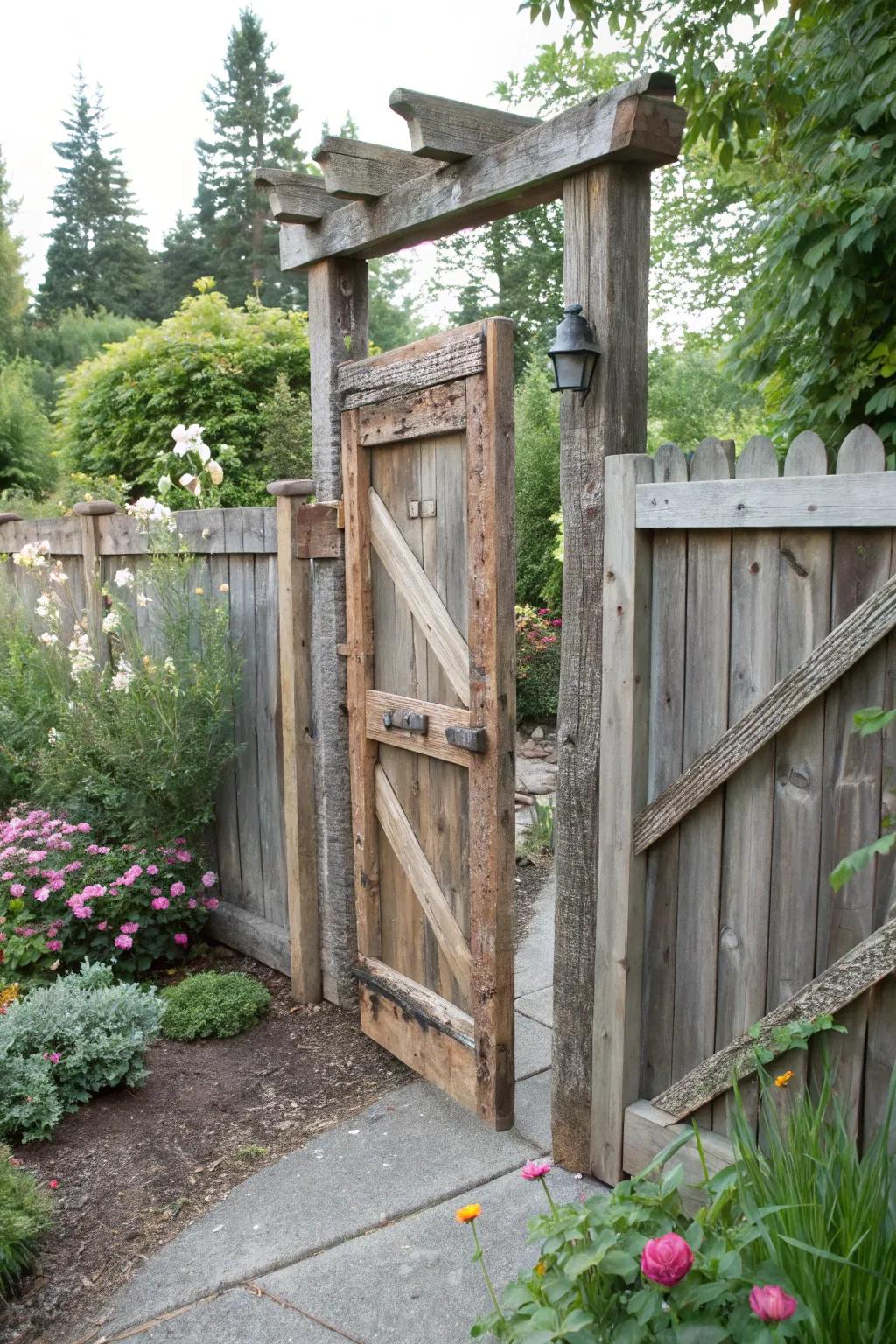 Handcrafted reclaimed barn plank door introduces a personal element to your garden.