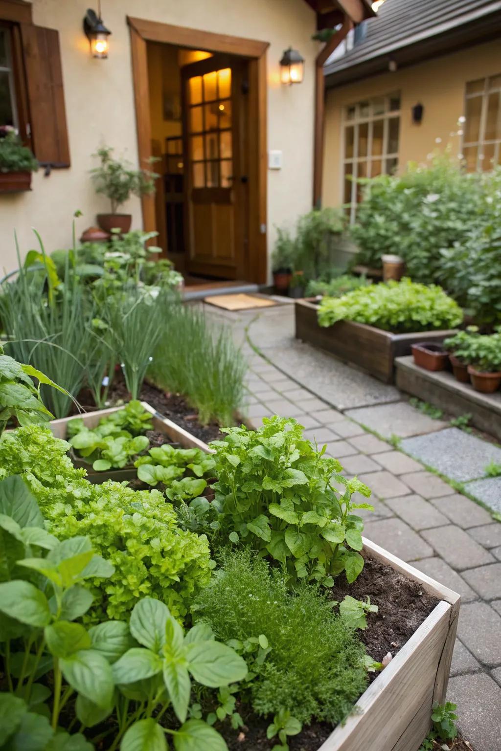 An accessible kitchen garden featuring fresh herbs and greens.