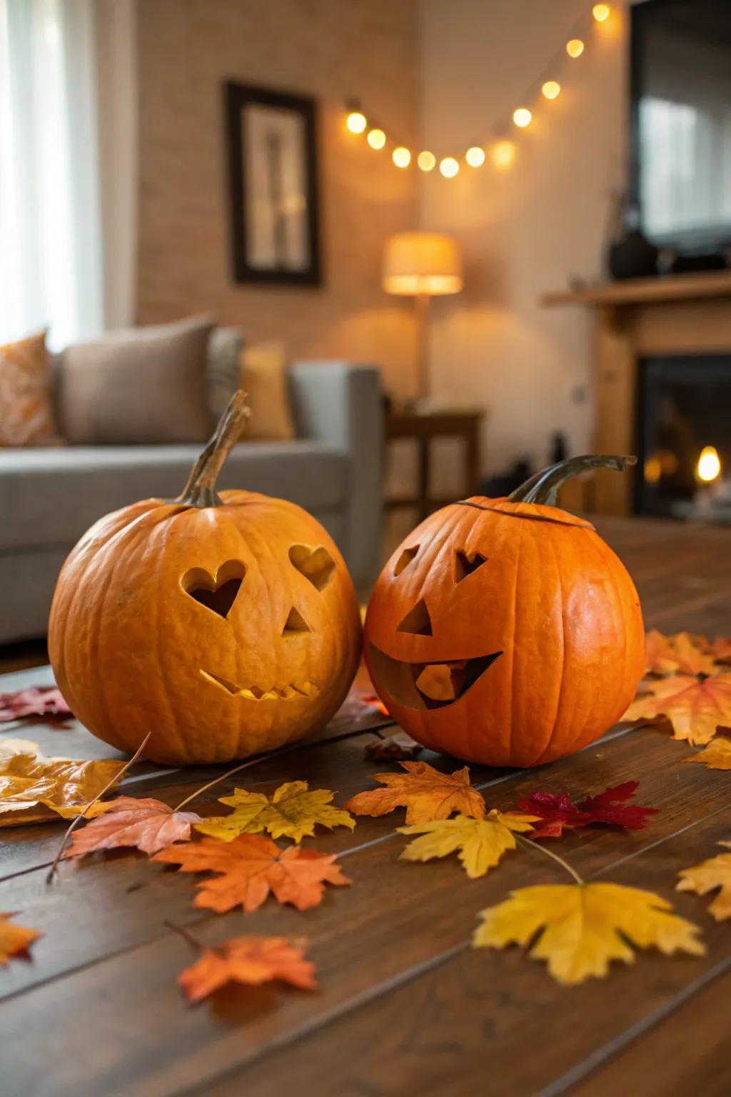 A romantic pair of pumpkins engaged in a tender kiss, perfect for couples.