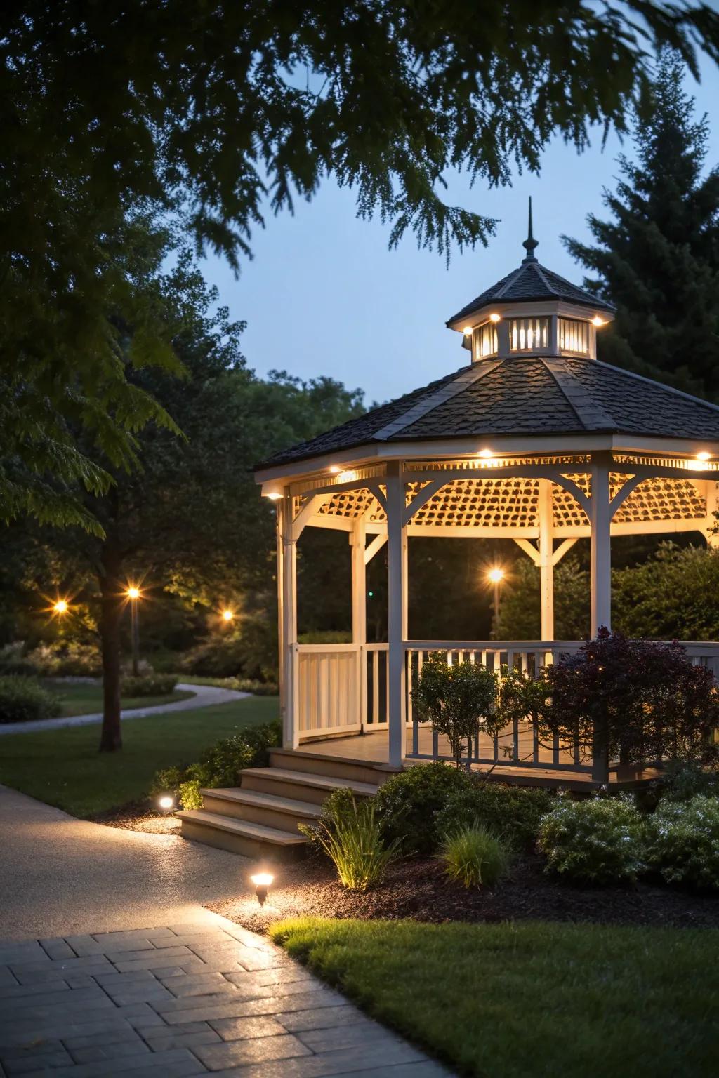 LED focus illumination accentuating the gazebo's structural design.