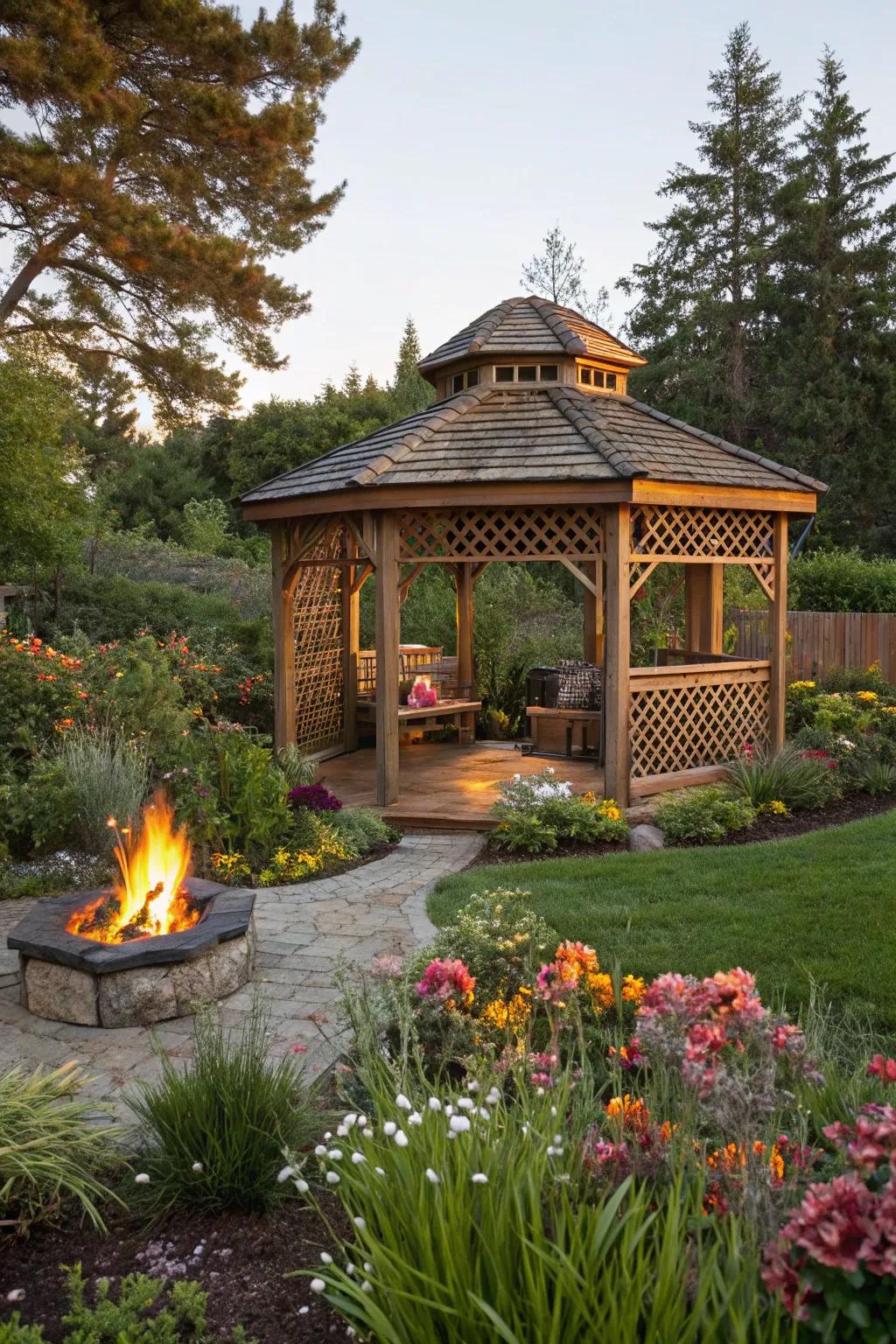 Incorporate your garden pavilion into a vibrant cultivation arrangement.