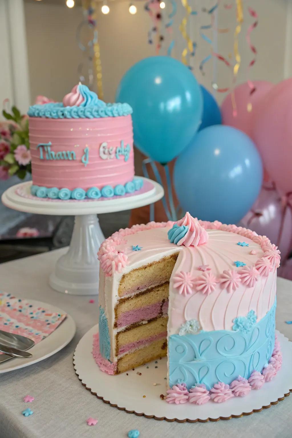 A magnificent gender reveal cake poised to surprise the assembled guests.