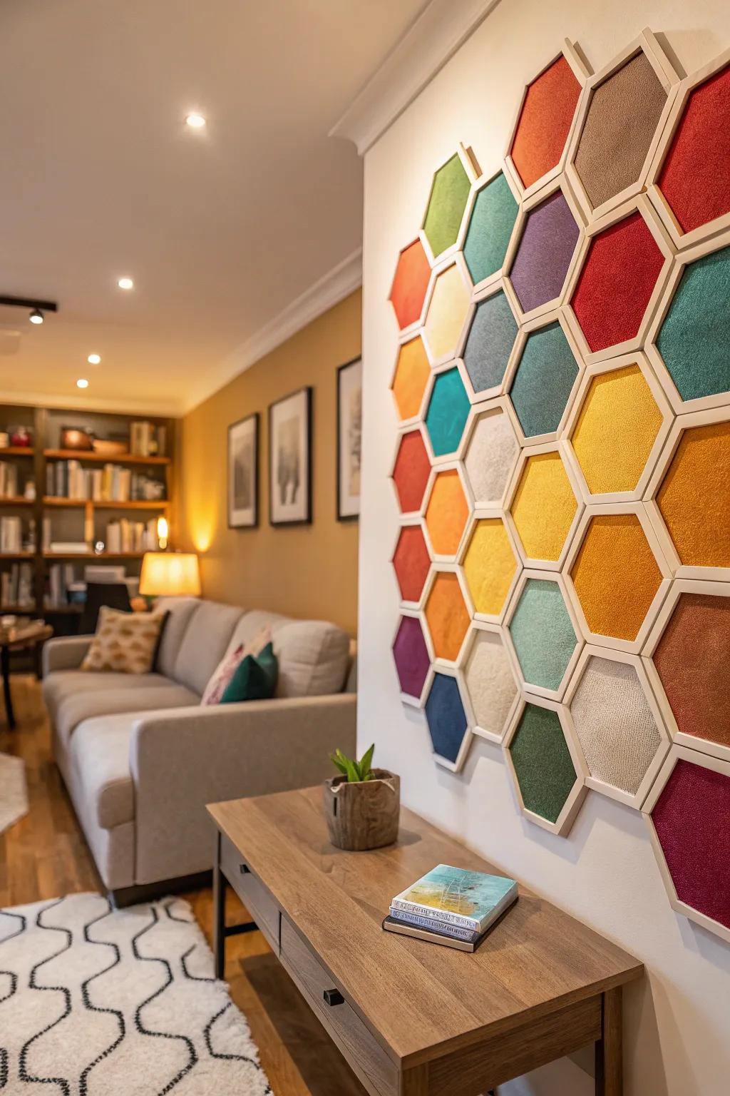 Hexagon designs cultivate a unified and cheerful ambiance.