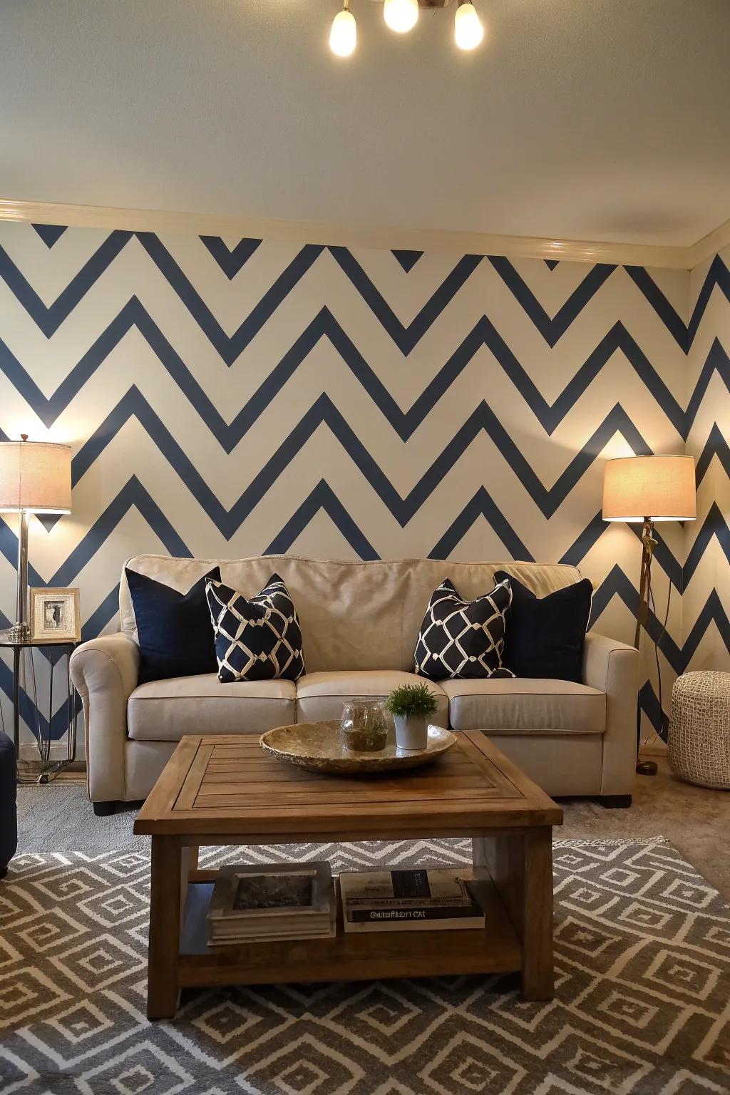 A living room featuring dynamic chevron geometric wall patterns.