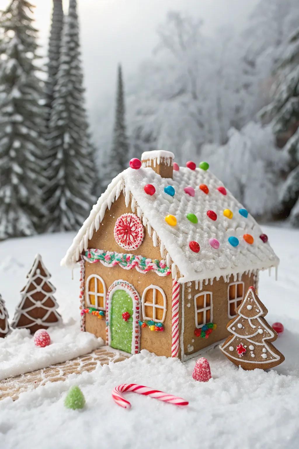 A gingerbread cabin featuring vibrant candy glass and entrances.