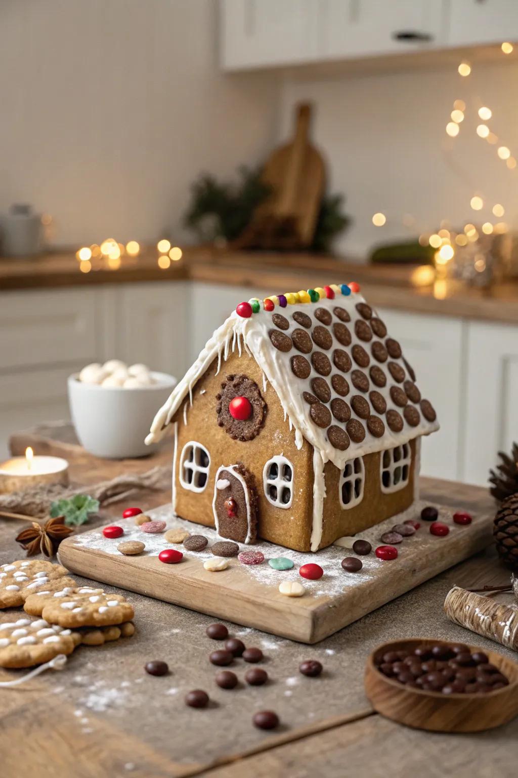 A gingerbread rooftop tiled with sweet circles.