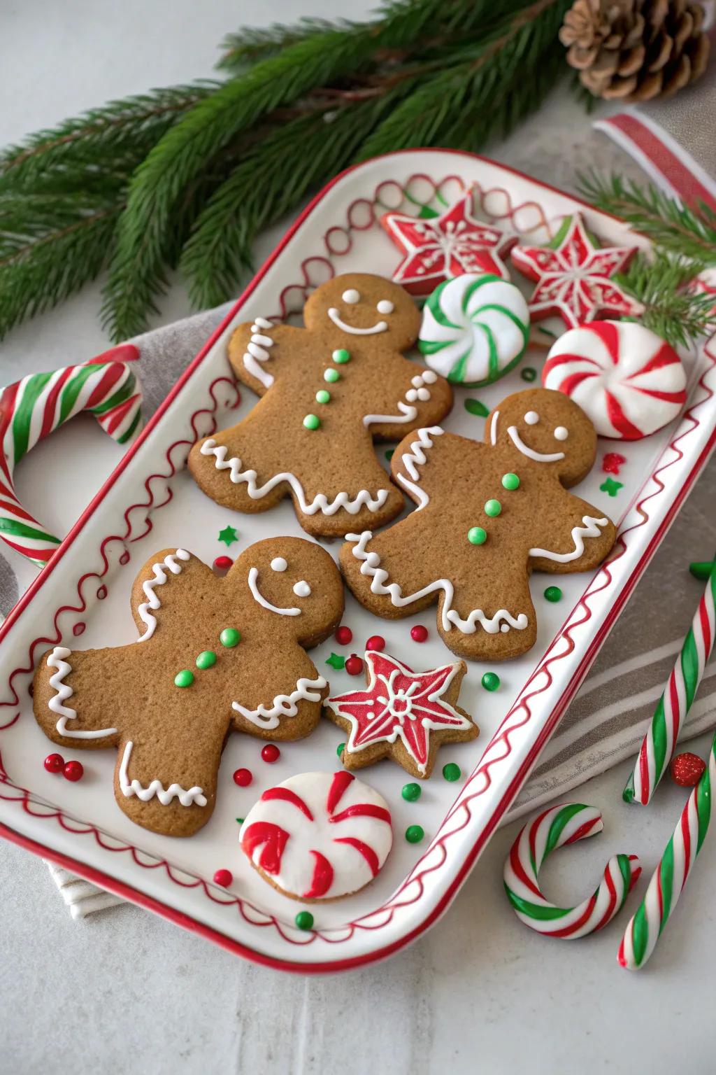 Gingerbread figures embellished with peppermint stick highlights for a minty sensation.