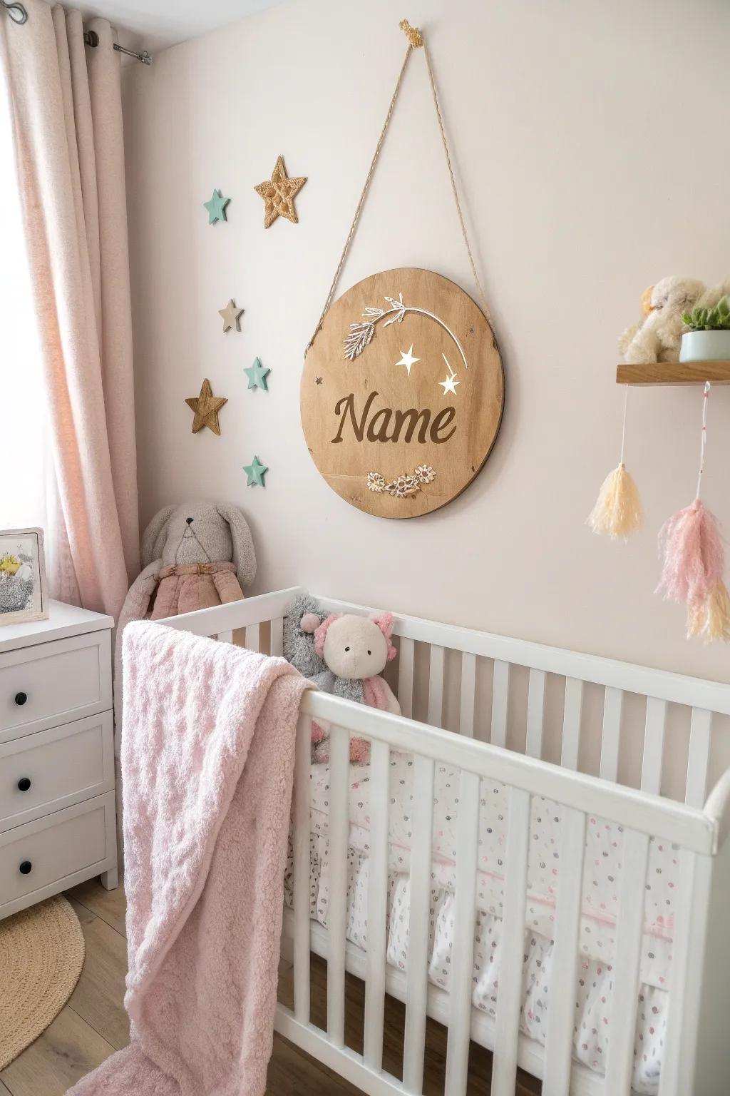 A personalized name sign lends a unique touch to the nursery.