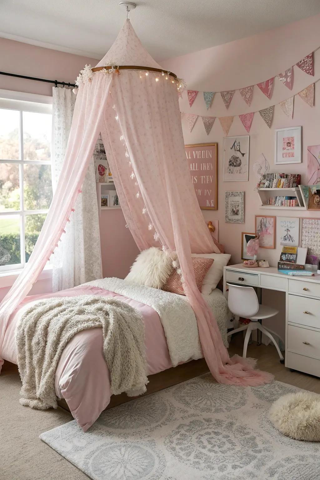 A rose drape brings a dreamy feel to the bedroom.