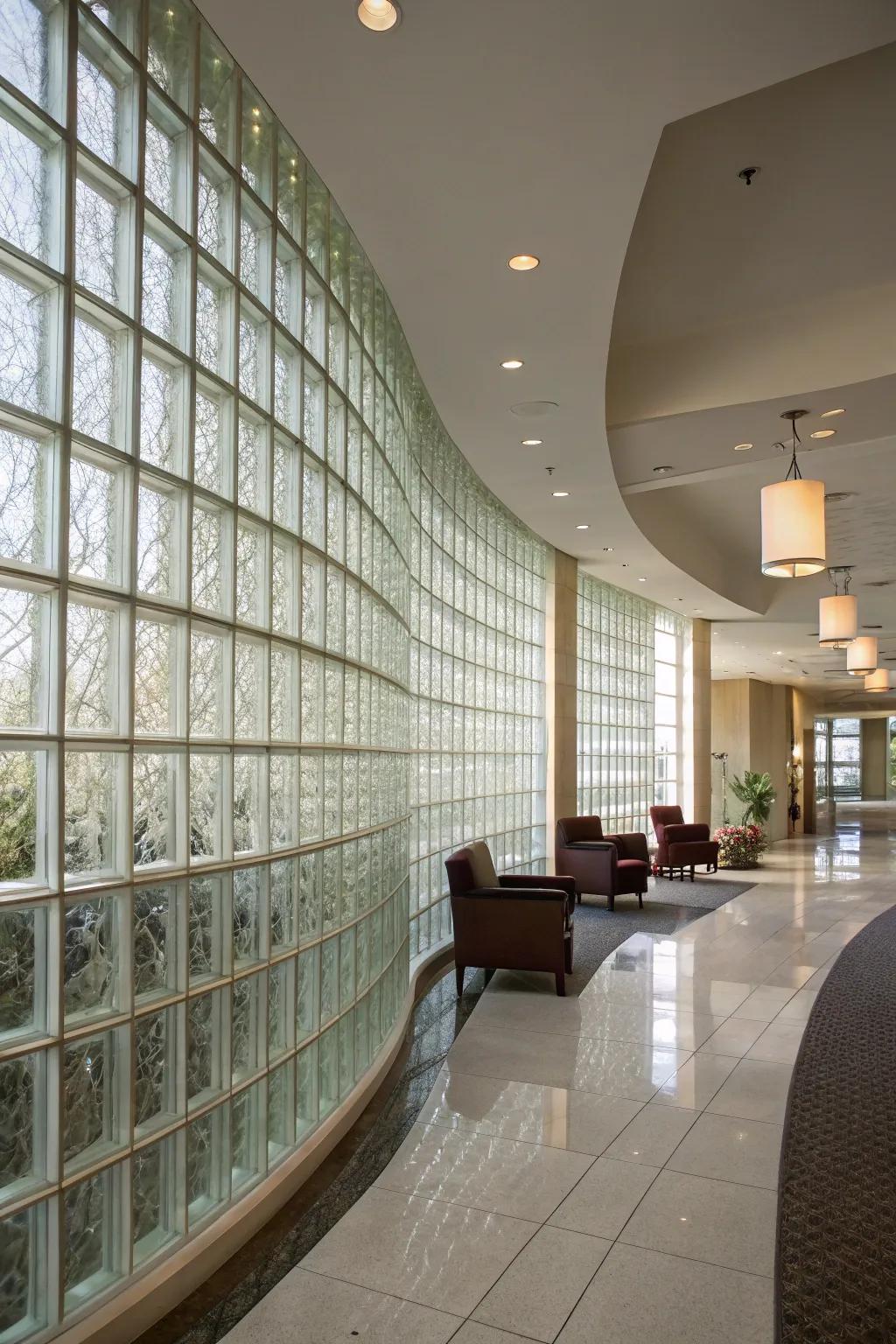 An inside space showing a curved glass block wall, which adds beauty and architectural interest.