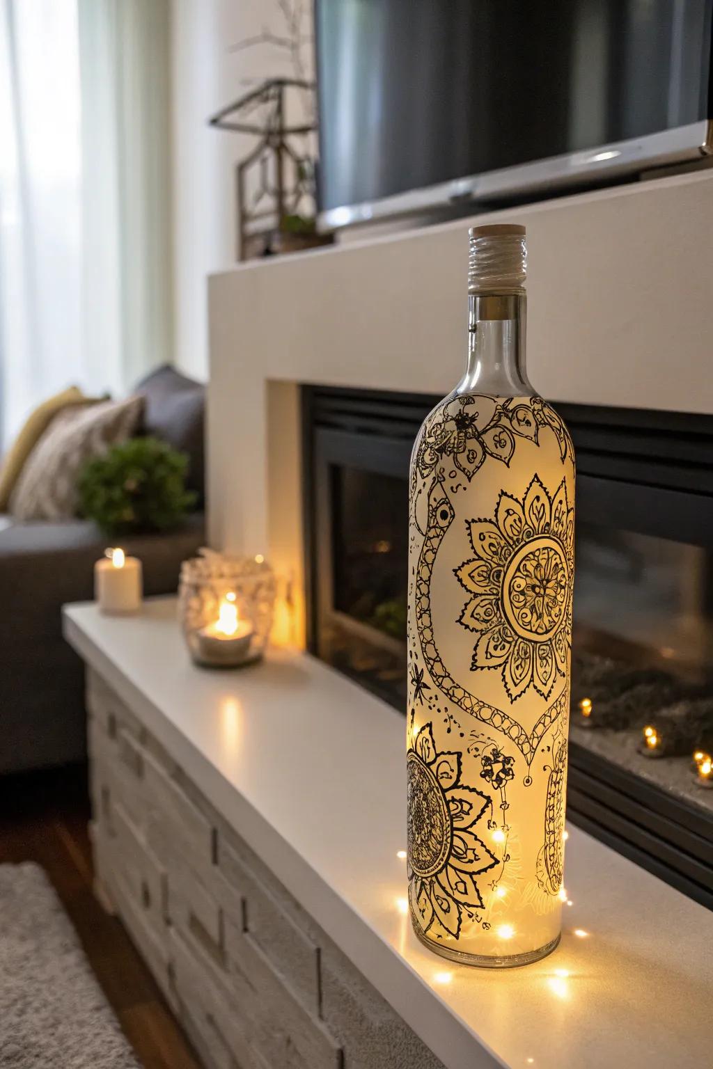 Intricate stencil patterns bringing a glass bottle to life.