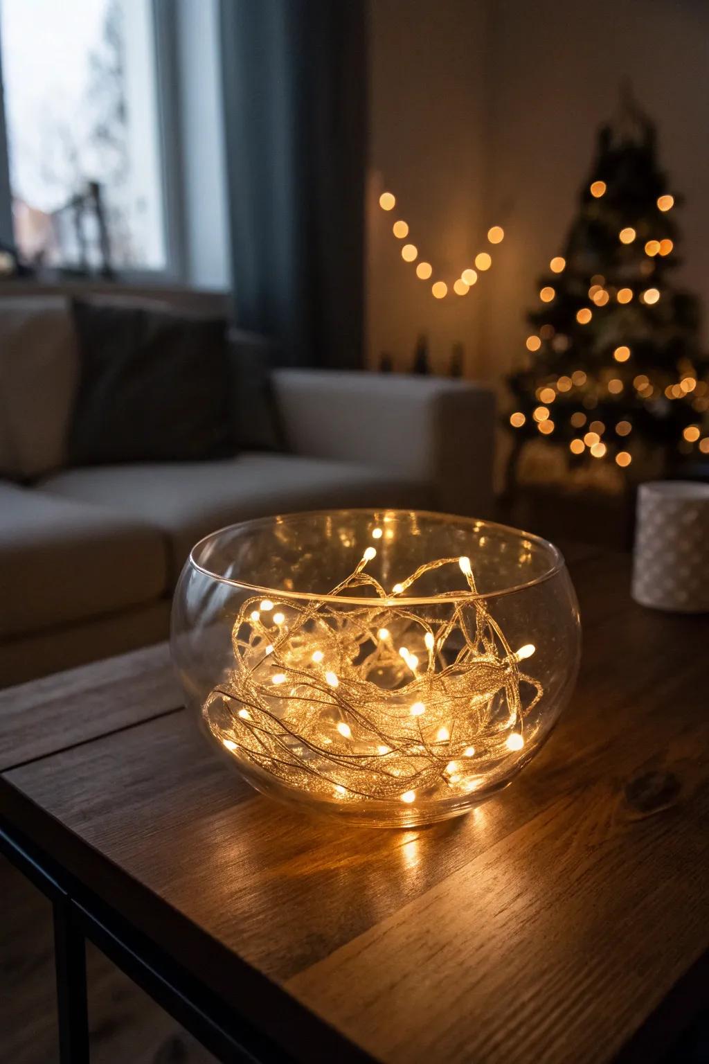 Twinkle lights in a glass bowl make a magical scene.