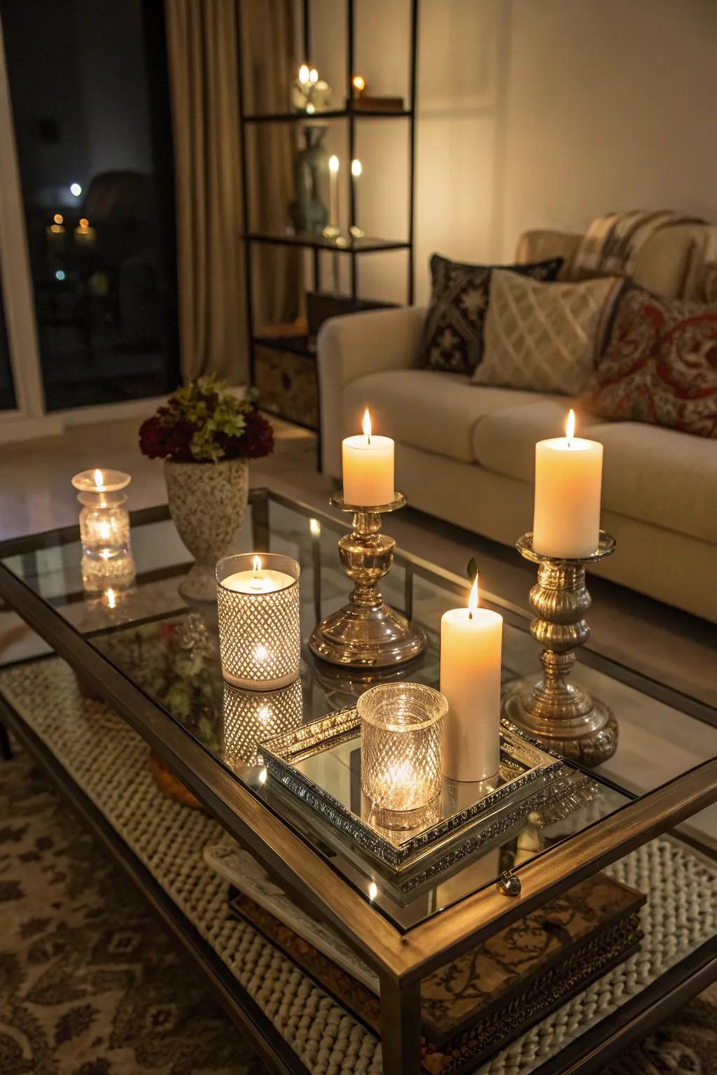 Illumination devices on a see-through coffee table cultivate a cozy and welcoming vibe.