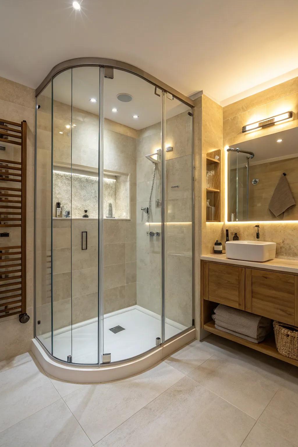Curved glass showers add a sophisticated flair with their subtle contours.