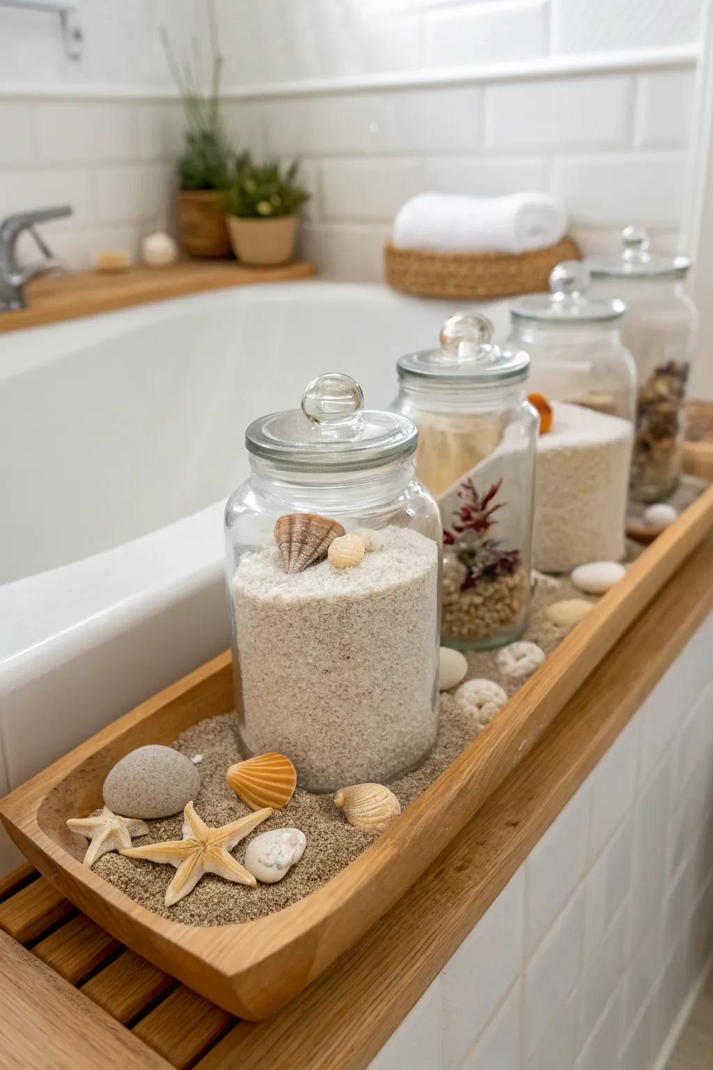Shoreline themed containers elicit a perception of calmness and seaside charm.