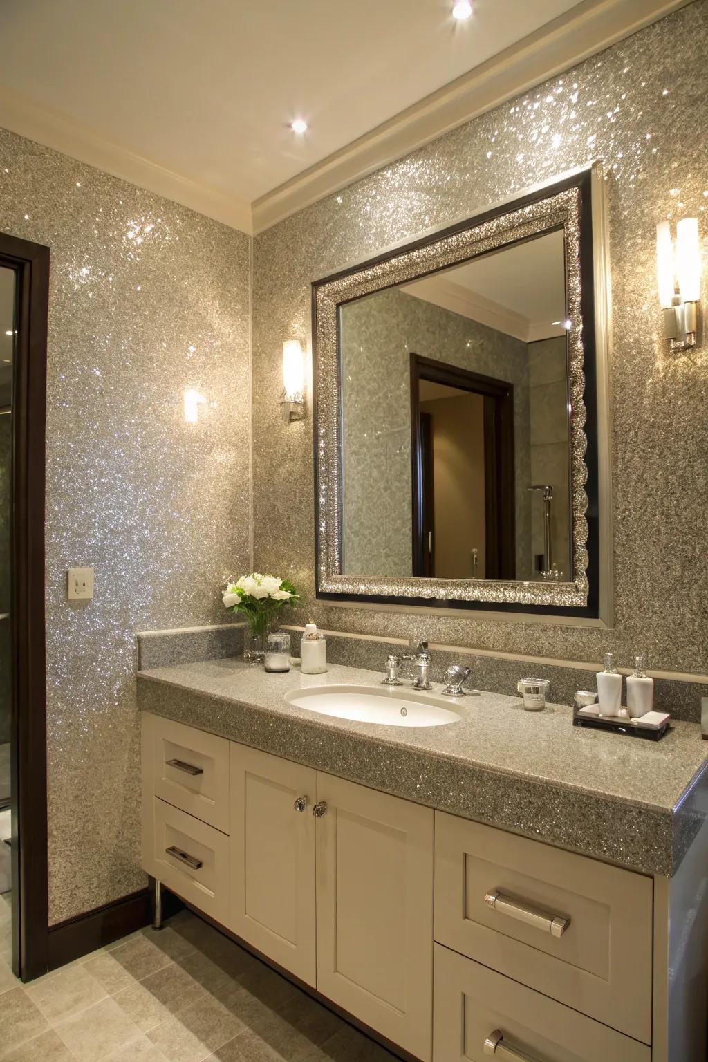 A shimmer accent wall introduces luxury to a bathroom.