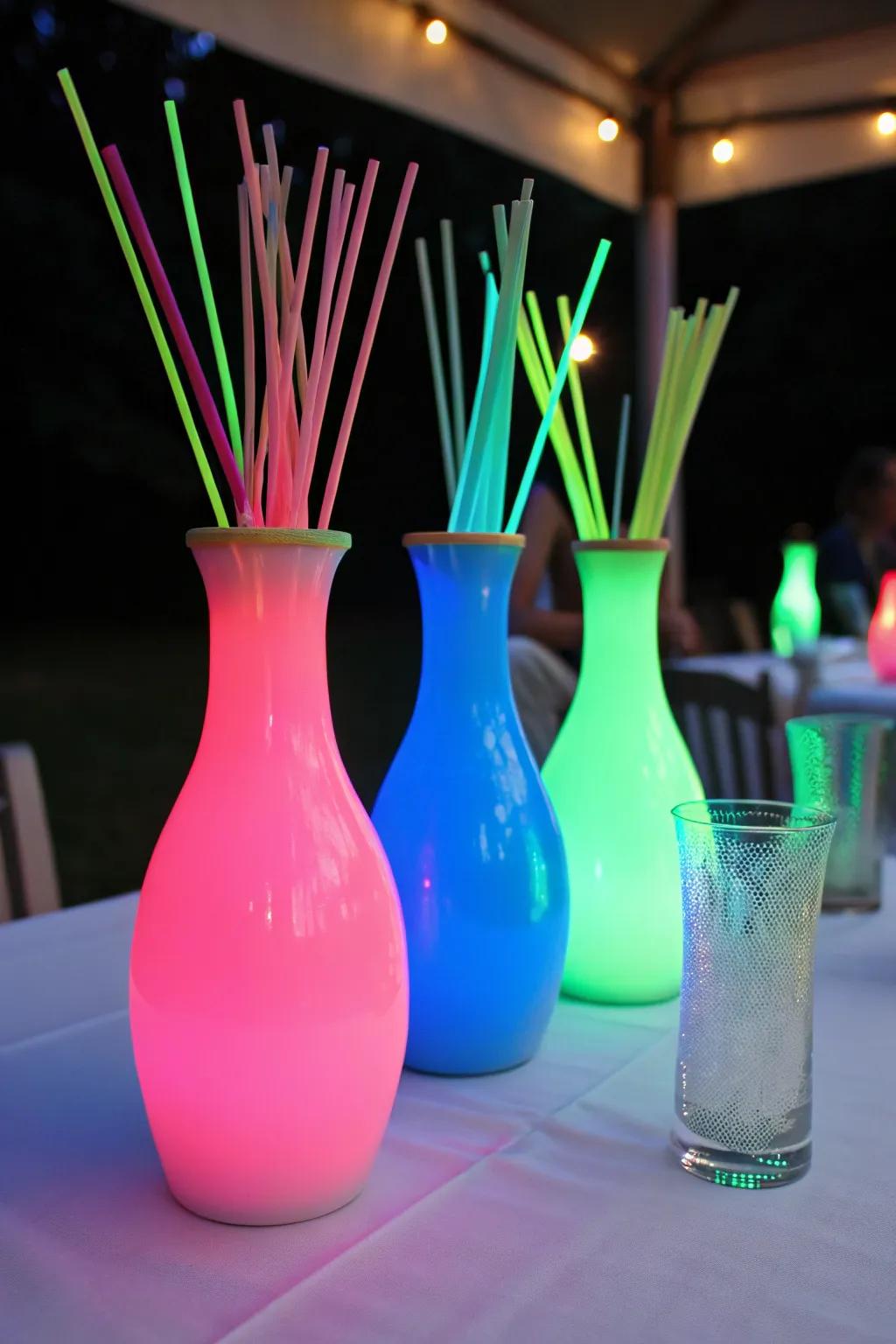Combine neon paint and glow sticks to craft striking centerpieces.