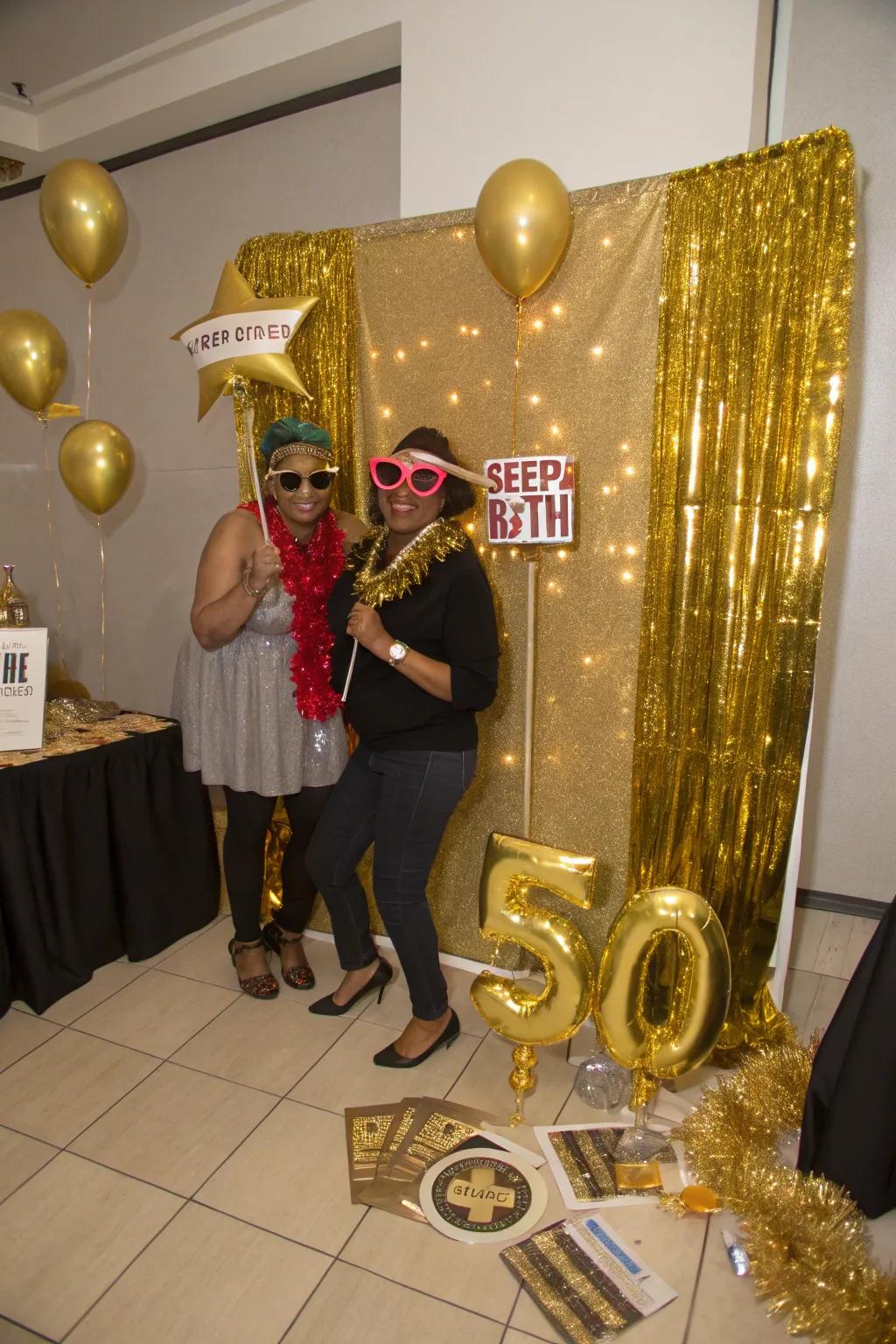 A gold-themed snapshot station captures enjoyable memories for partygoers.