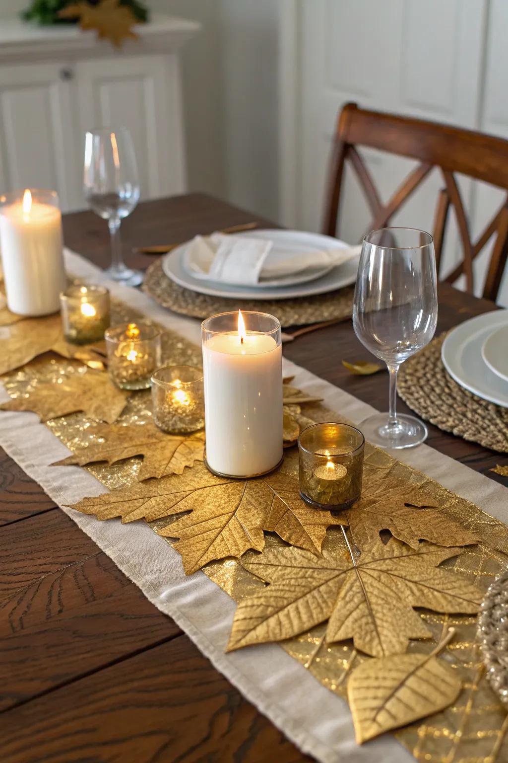 An enchanting gold textile table adornment adorned with shimmering lights.