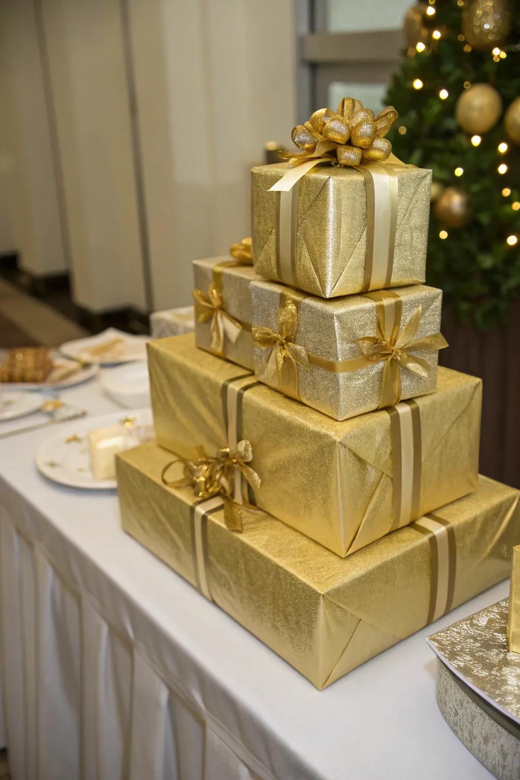 Presents wrapped in gilded material enhance the festive atmosphere.