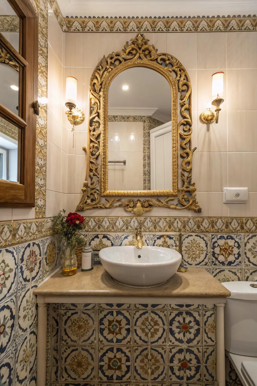 Intricate details enhance the gothic elegance of this bathroom.