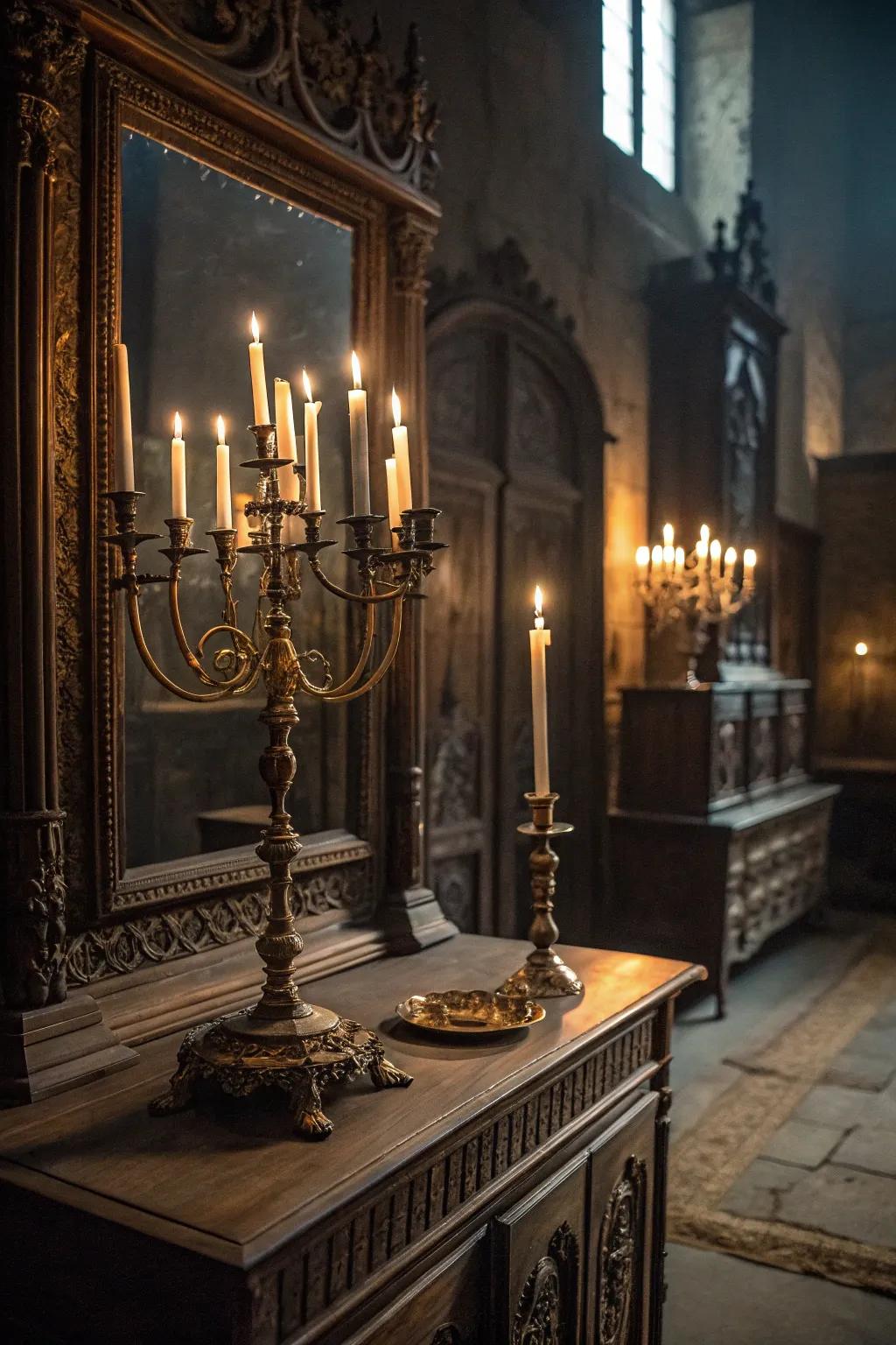 A multiple candle illumination introduces warmth and mystery to your gothic vanity.