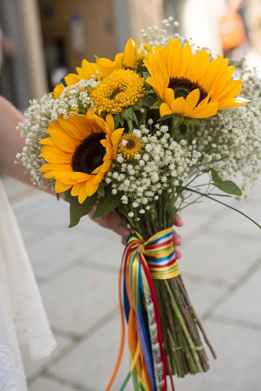 A lively helianthus bloom arrangement ideal for celebrating graduation.