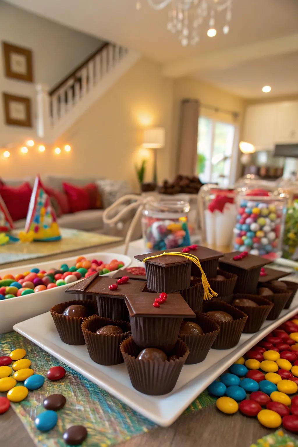 Handcrafted graduation toppers render your candy station both engaging and celebratory.