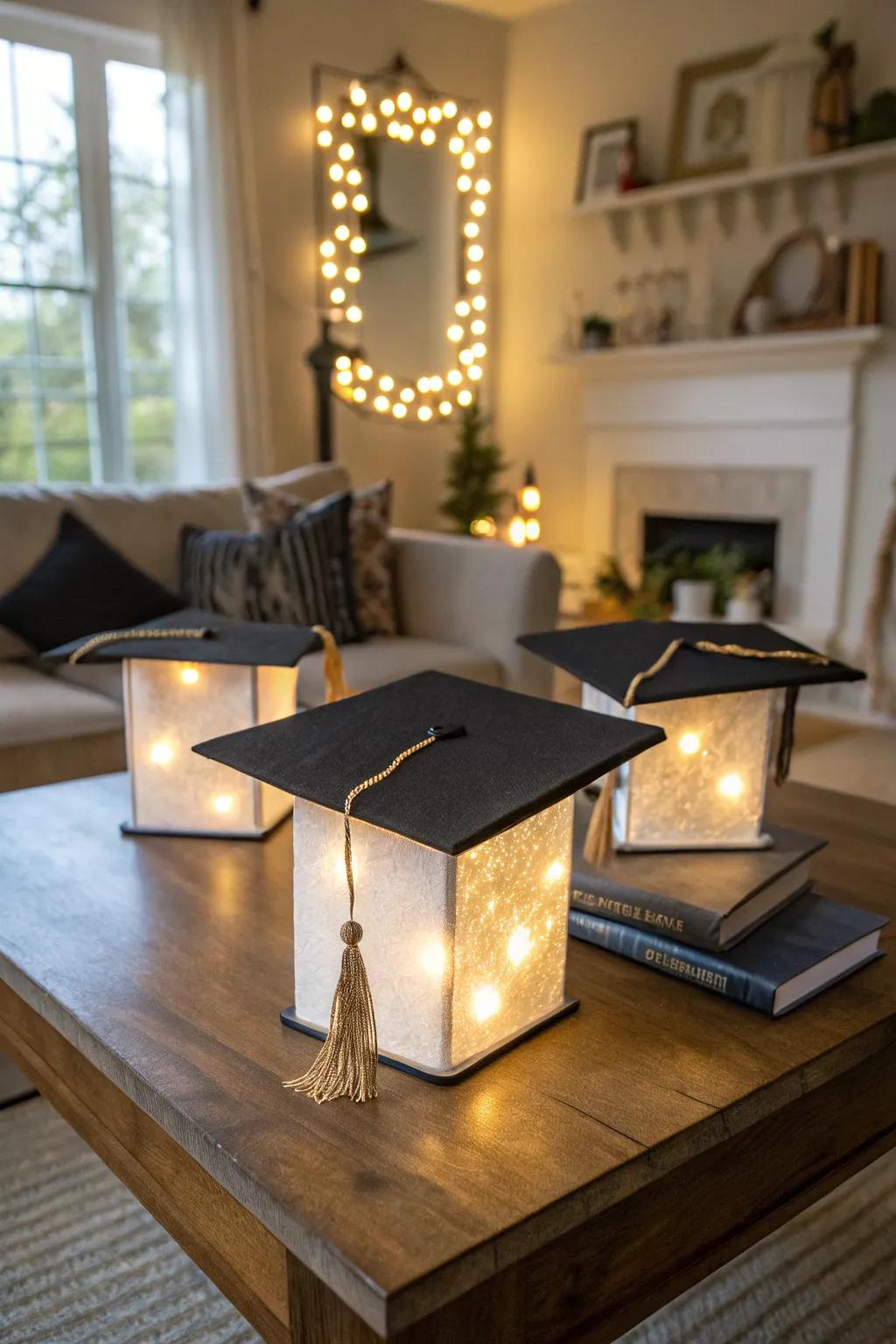 Graduation cap lanterns illuminate the celebration with a celebratory glow.