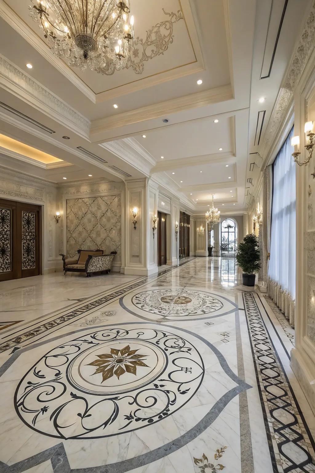 Elaborate marble flooring in a majestic entryway, heightening sophistication and panache.