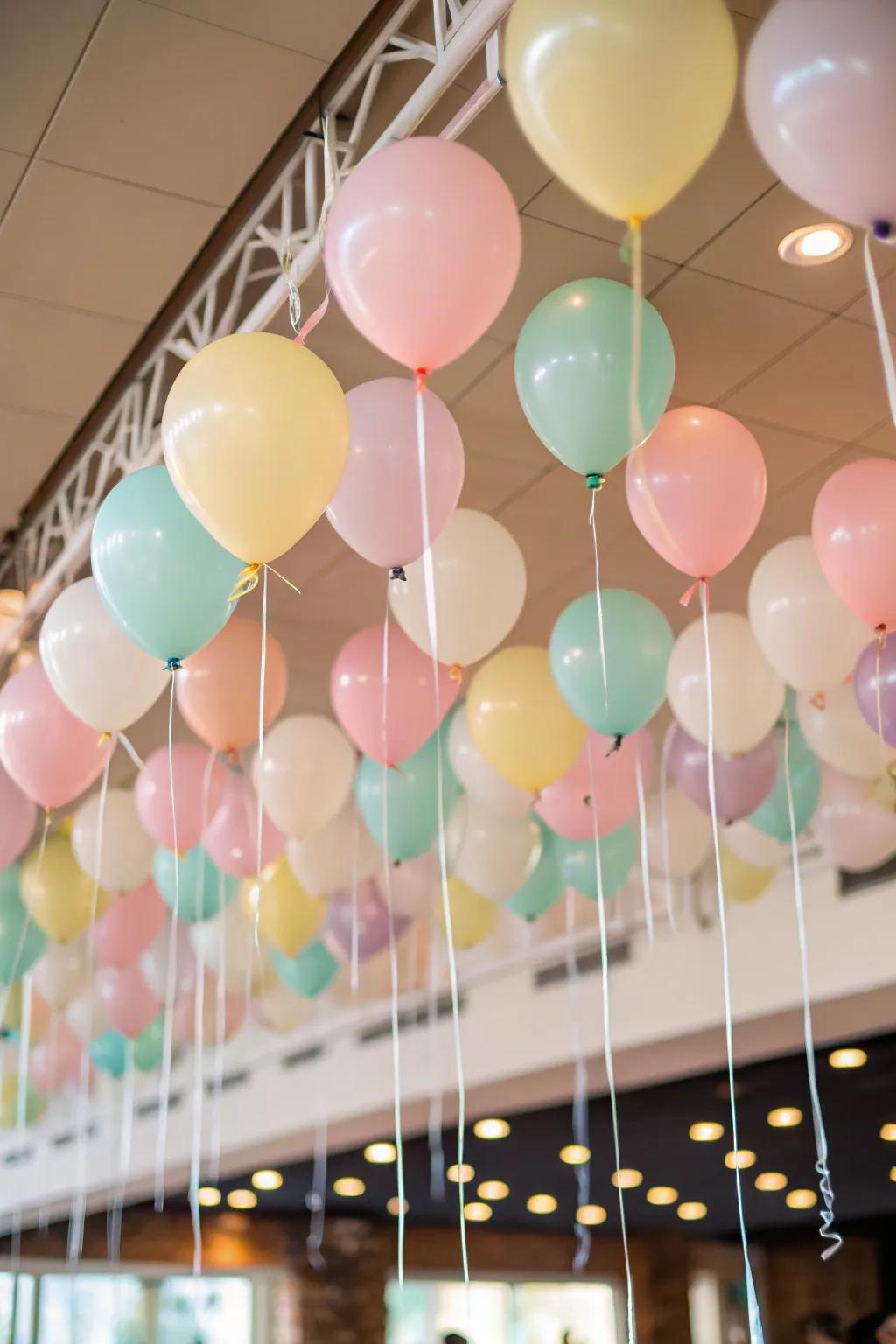Hanging balloons transform the ceiling into an enchanting vista.