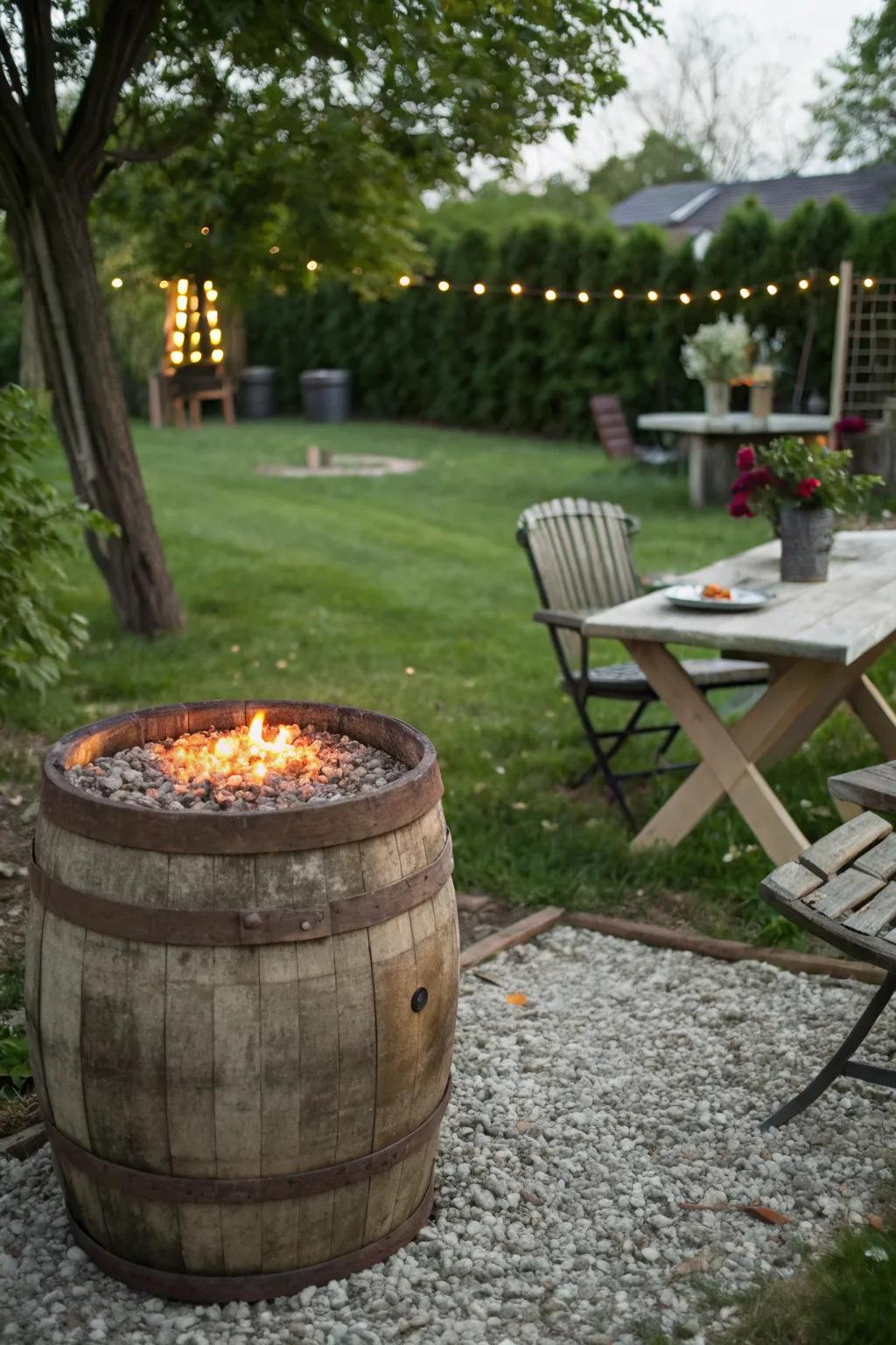 Cask tables bring a country-style charm to your fire pit zone.