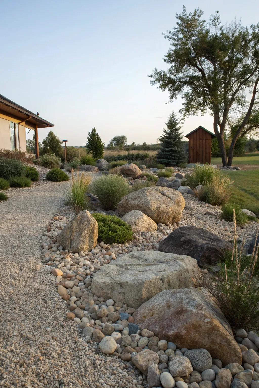 Earthy elements like rocks and gravel blend seamlessly for a natural look.