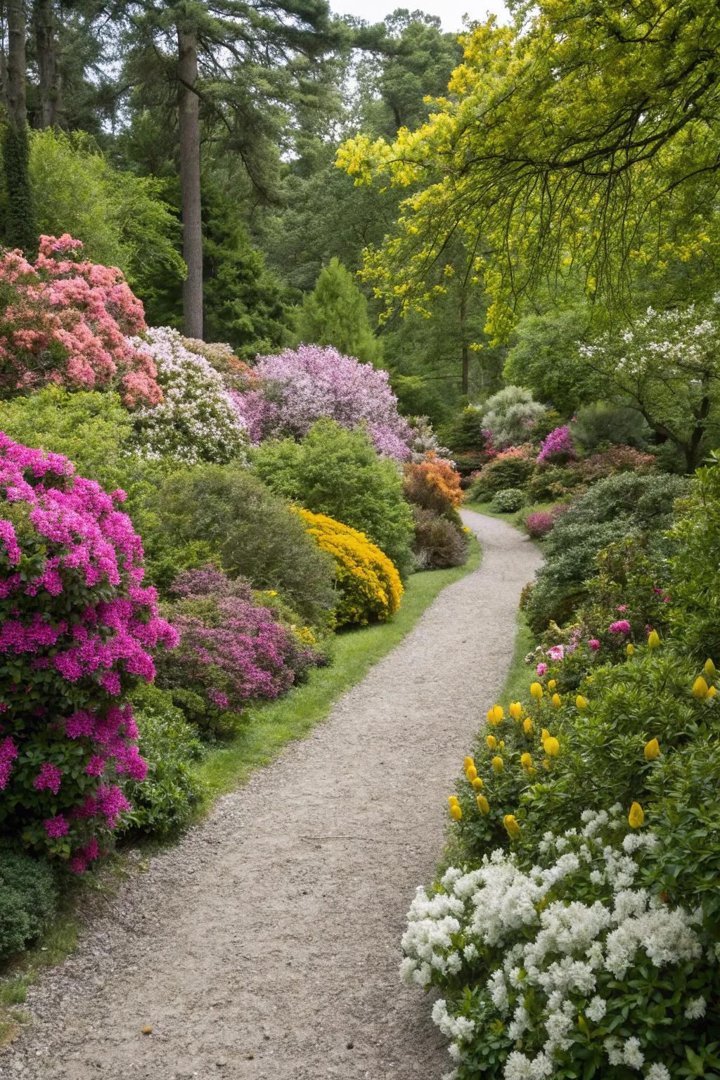 Abundant flora enlivens a stone walkway.