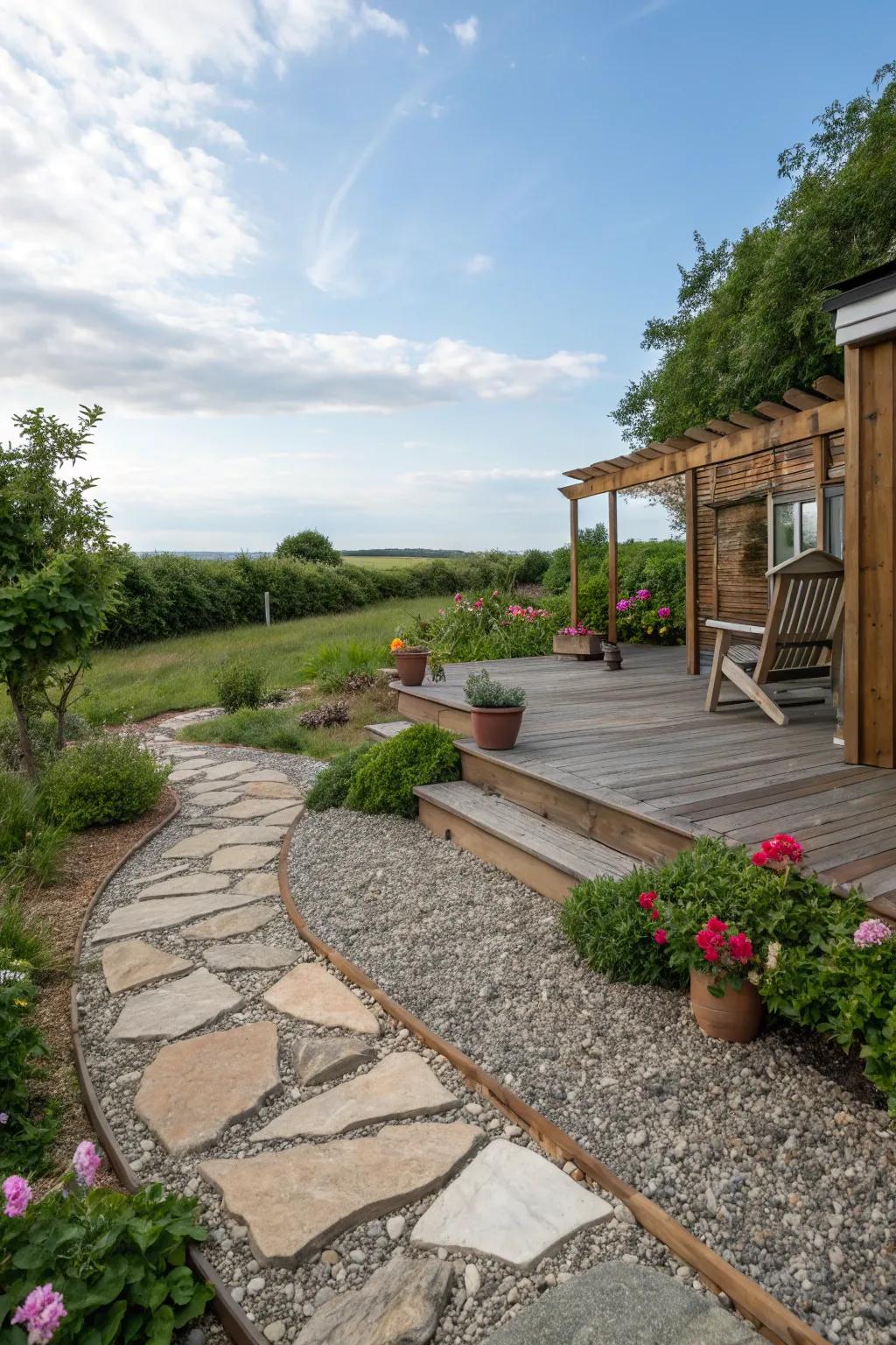 A gravel patio elegantly combined using stone pathways and a timber deck.