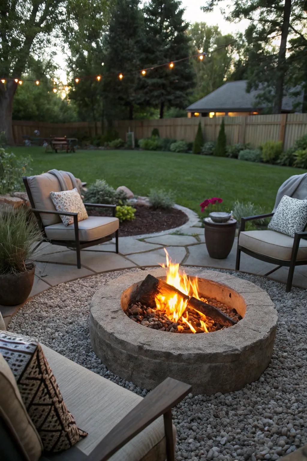An inviting fire pit area with gravel, perfect for social gatherings.