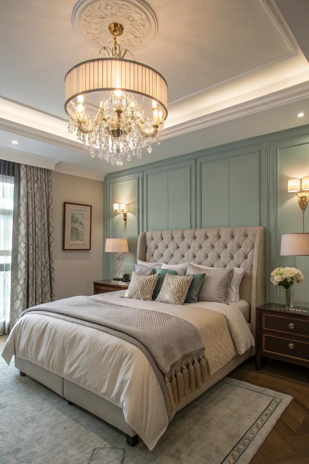 Sophisticated lighting introduces a hint of allure to the guest bedroom.