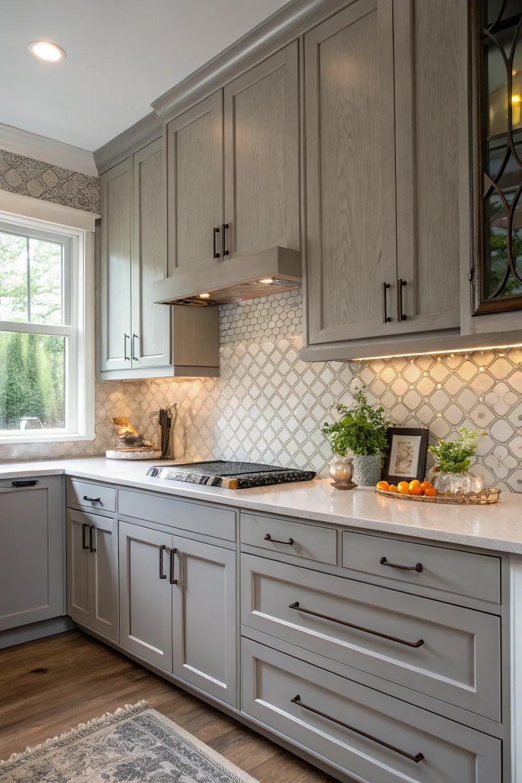 Textured tiles complement the sleek texture of gray cabinets.