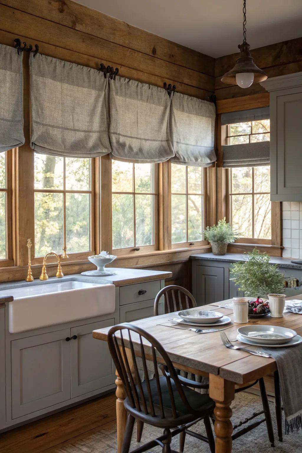 Gray top treatments introduce stylish structural interest to your kitchen windows.